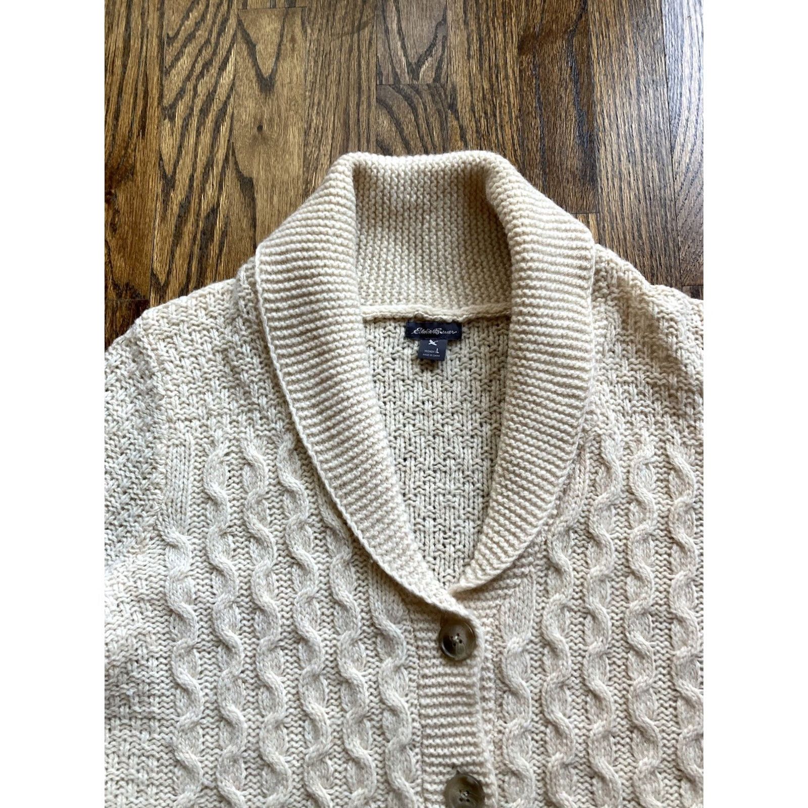Eddie Bauer Eddie Bauer Cardigan Sweater Womens Large Beige Wool Cable-Knit Shawl Lambswool L Size L / US 10 / IT 46 - 4 Thumbnail