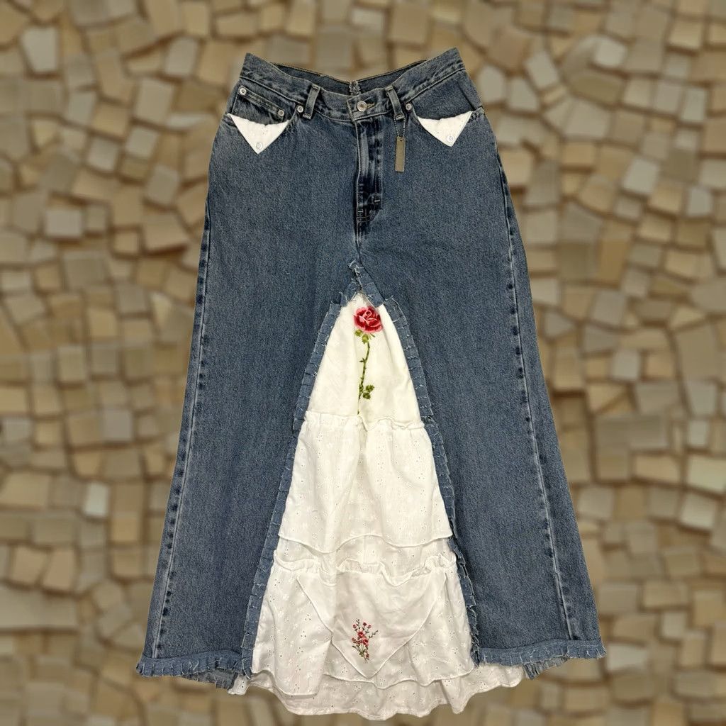 Tommy Hilfiger VINTAGE Tommy Hilfiger Skirt Maxi Denim Blue Front Lace Panel Button Zip Pockets 90s Bohemian 8 Womens Size 30" / US 8 / IT 44 - 1 Thumbnail