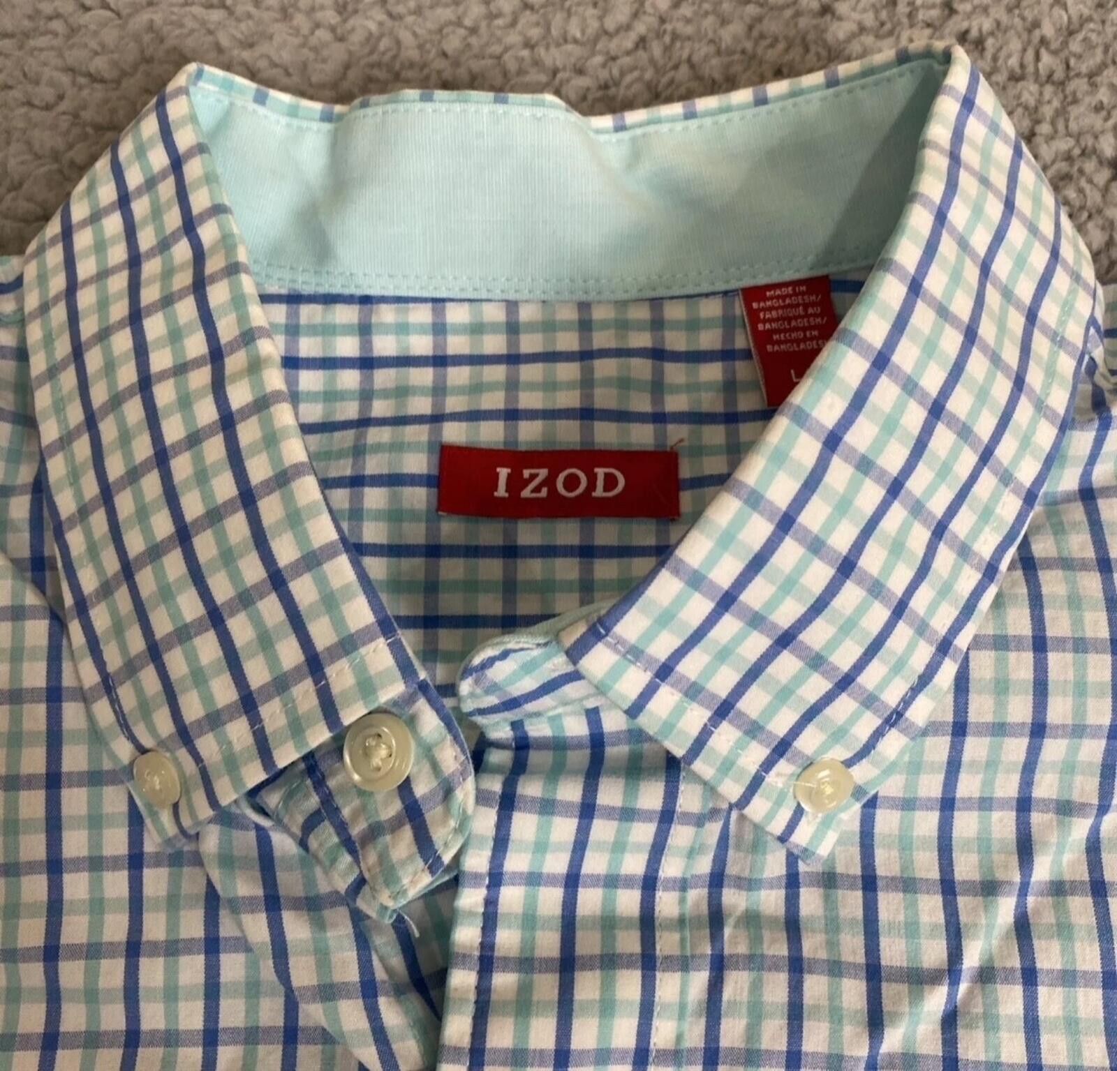 Izod Men's L Large Blue/Aqua Long Sleeve Cotton Casual Button Up Size 42R - 4 Thumbnail
