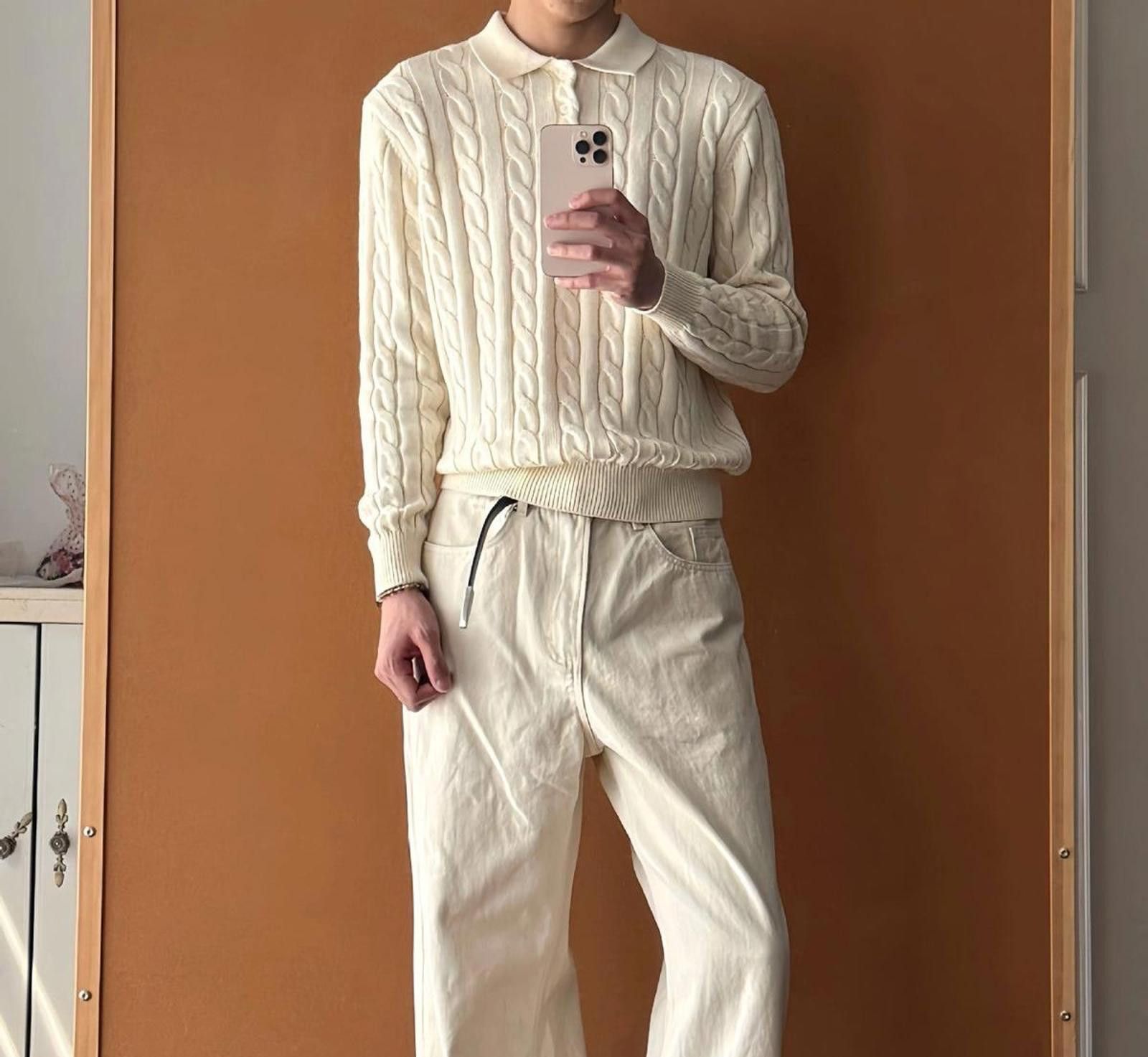 Vintage Cable Knit Polo Sweater for Men, Classic Fit Sweater Size US L / EU 52-54 / 3 - 2 Thumbnail
