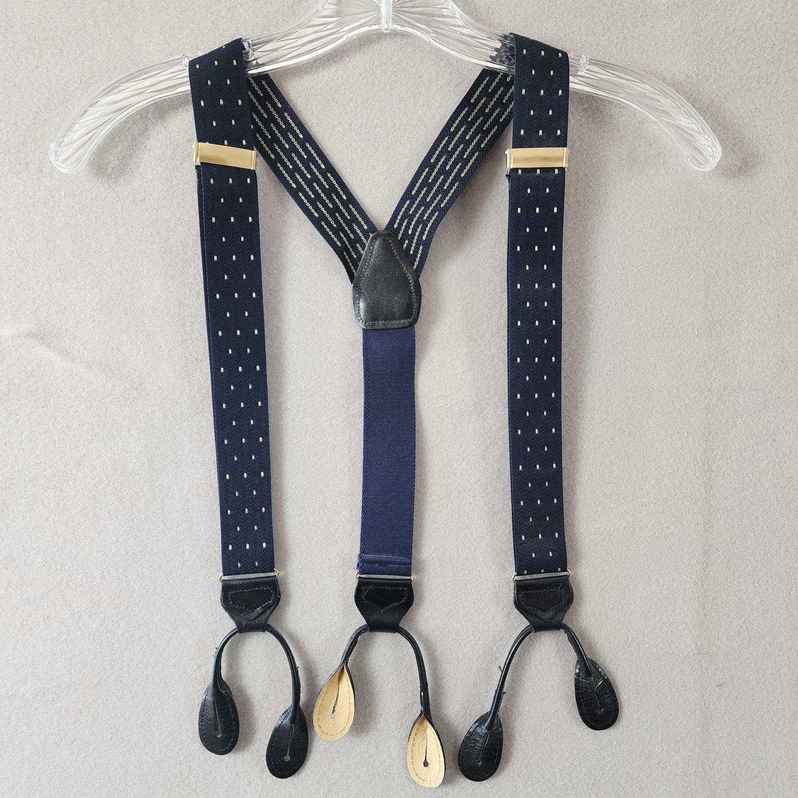 Other Men's Suspenders Blue w/White Dots Adjustable Leather Size ONE SIZE - 2 Thumbnail