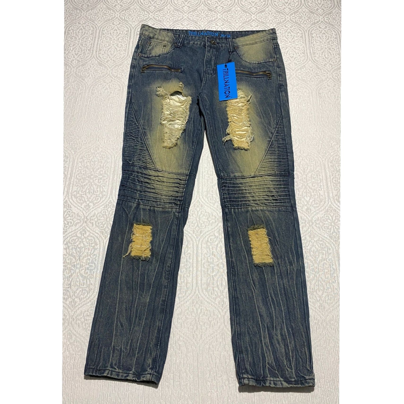 Denime Trillnation Jeans Mens Size 36x32 Blue Denim Distressed Ripped Biker Moto Slim Fit 5-Pocket Denim Pants Size US 36 / EU 52 - 2 Thumbnail