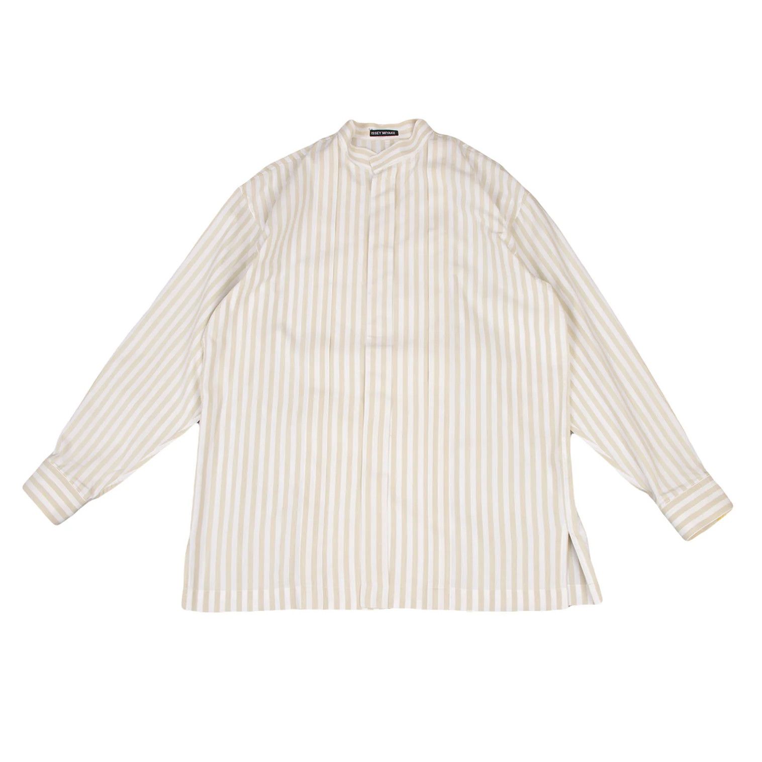 Issey Miyake Stripe Band Collar Shirt in Beige and White, Size M Size US M / EU 48-50 / 2 - 1 Thumbnail