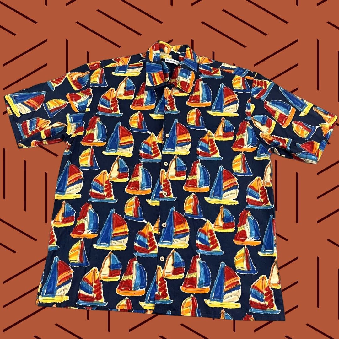 Nautica BULLock & Jones Shirt Mens XL Geometric Sailboat Nautical Hawaiian Button Up S/S Size US XL / EU 56 / 4 - 1 Thumbnail