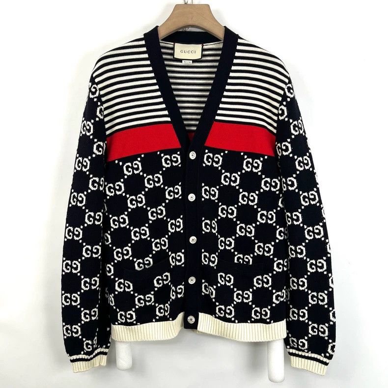 Gucci Gucci Navy Stripe Cardigan with Logo Print- DMC Size US L / EU 52-54 / 3 - 1 Thumbnail