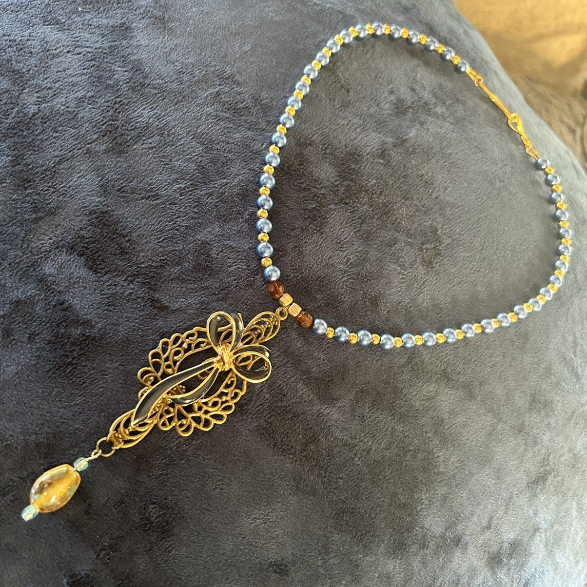 Handmade Handcrafted Czech glass pearl filigree bow pendant necklace Size ONE SIZE - 5 Thumbnail