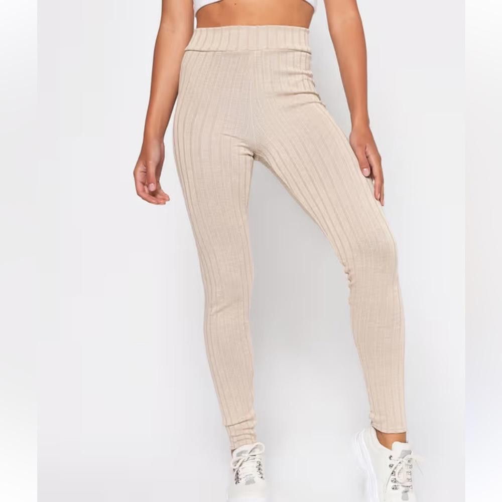 Designer Missguided l NWT High Waisted Ribbed Leggings Tan Size 6 Size 28" / US 6 / IT 42 - 10 Thumbnail