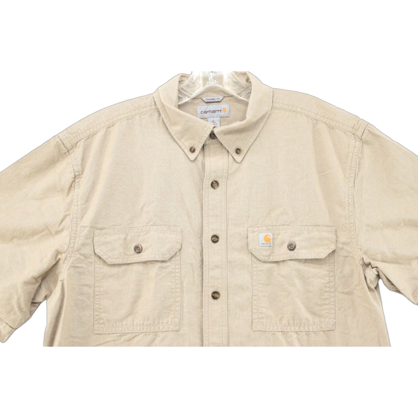 Carhartt Carhartt Shirt Mens Button-Up 100% Cotton Chambray Relaxed Fit Short Sleeve Tan Beige Large Tall 90s City Classic Dad Size US L / EU 52-54 / 3 - 1 Thumbnail