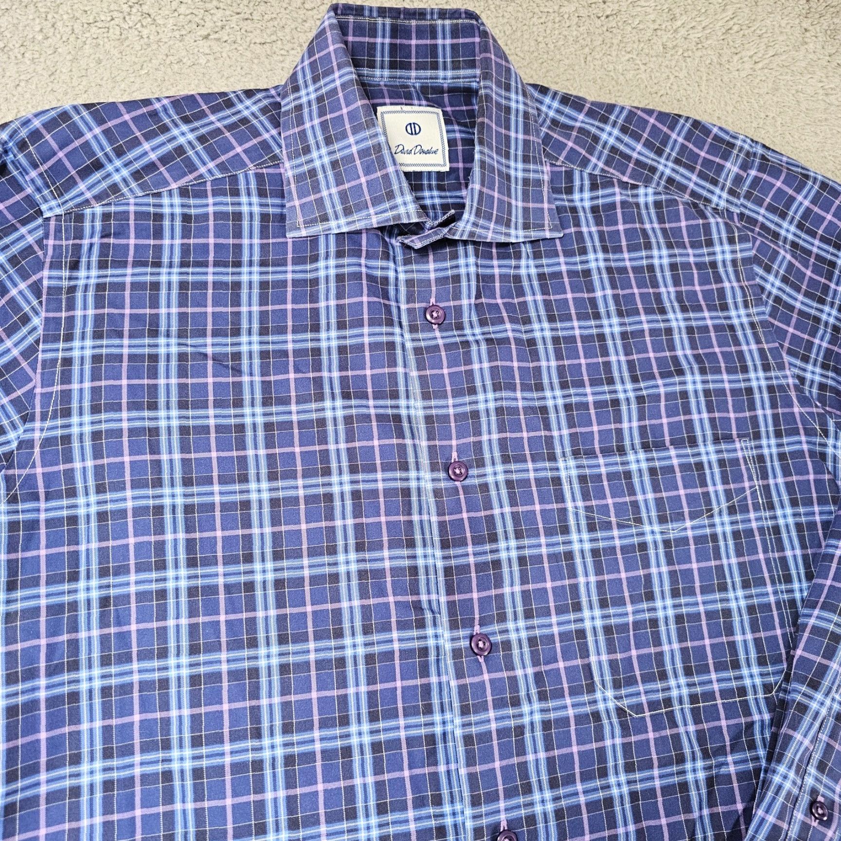 David Donahue David Donahue Dress Shirt Mens Medium Blue Purple Check Woven Cotton Long Sleeve Size 40R - 2 Thumbnail