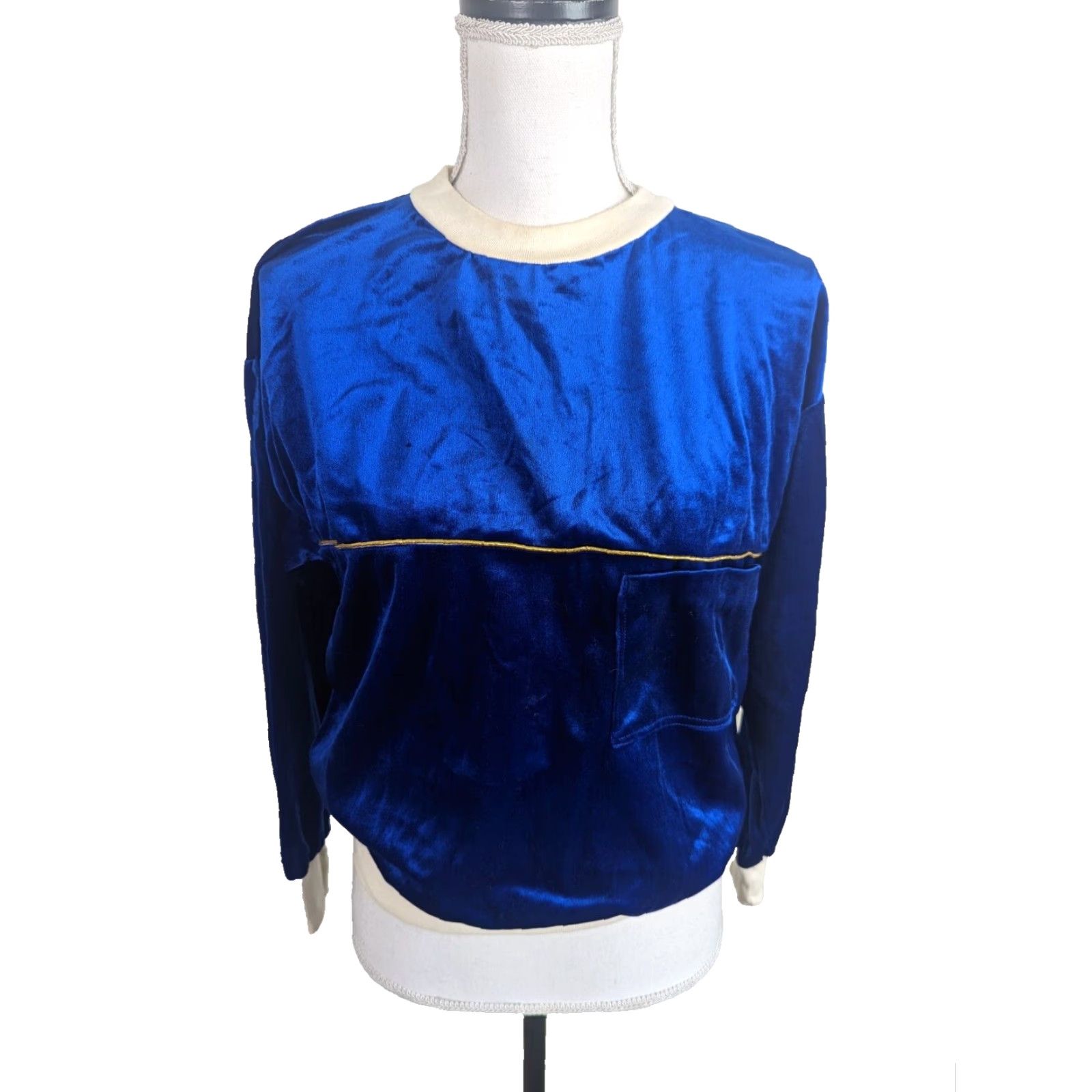 Velvet VINTAGE 80s Crewneck Long Sleeve Velvet Shirt Blue Gold Stripe L3S Women's M Size M / US 6-8 / IT 42-44 - 2 Thumbnail