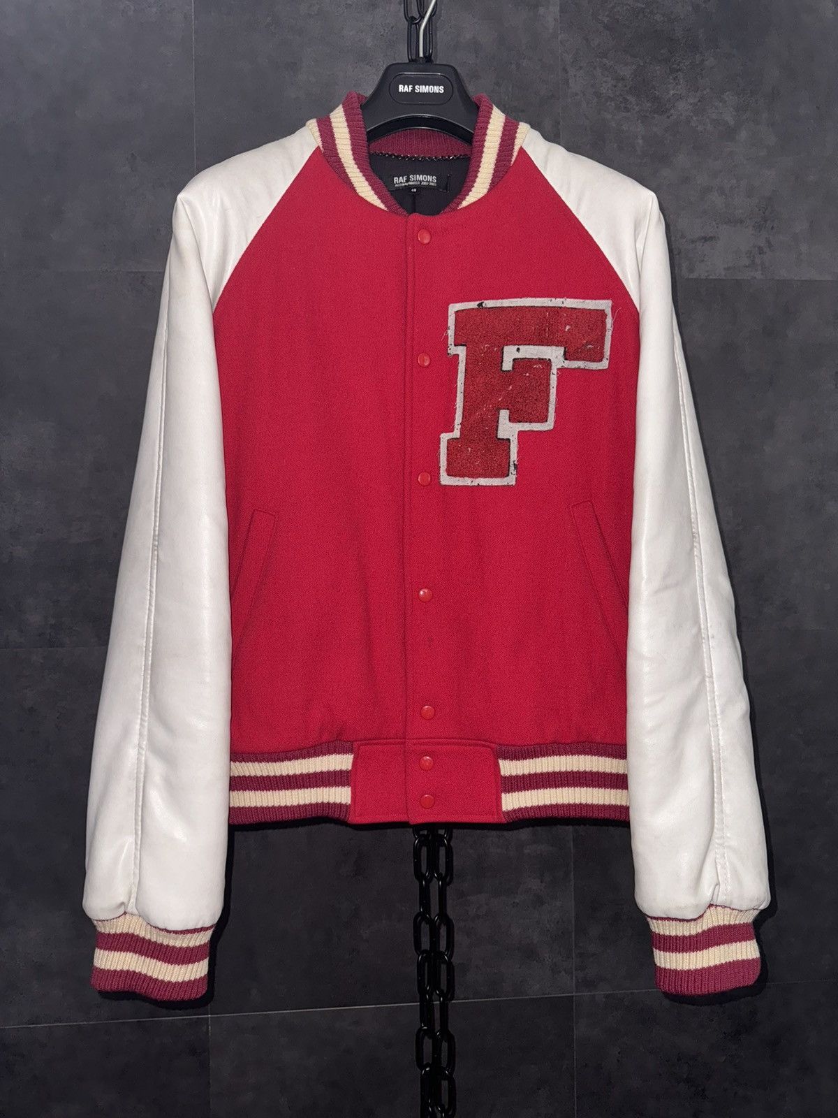 image of Raf Simons Aw2002-2003 Virginia Creeper Varsity Jacket in Red, Men's (Size Large)