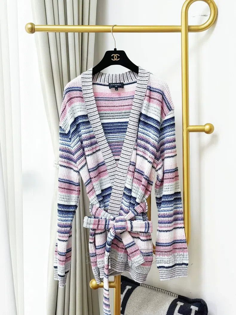 Chanel Chanel 24S pink, white and blue striped V-neck tie cardiga Size L / US 10 / IT 46 - 1 Thumbnail