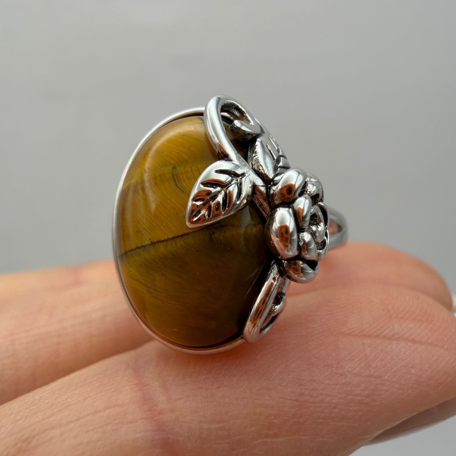 Sterling Silver 925 Silver Tiger Eye Ring Vintage Flower Adjustable Size ONE SIZE - 8 Thumbnail