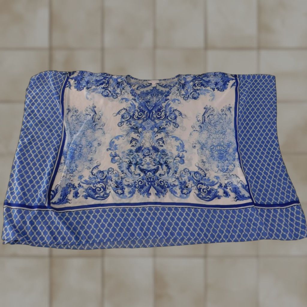 Vintage Susan Graver Blouse Womens 1X Blue White Printed Short Sleeve Tunic Top Size XL / US 12-14 / IT 48-50 - 1 Thumbnail
