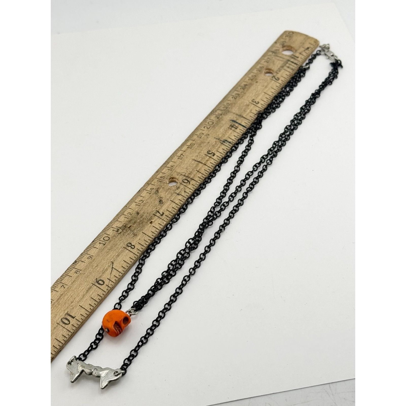 Vintage Orange Howlite stone skull rhinestone fangs double chain Hal Size ONE SIZE - 5 Thumbnail
