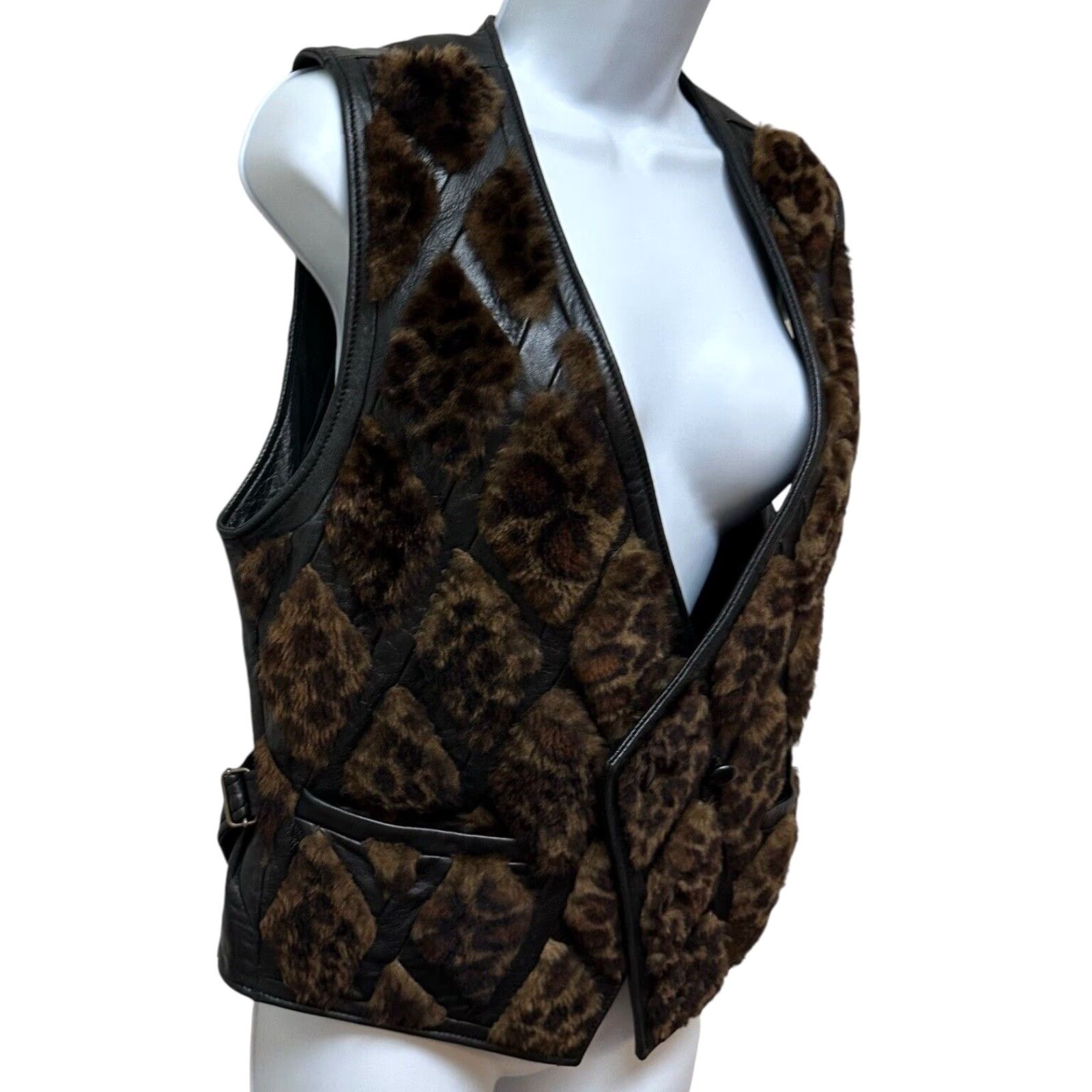 Skin VINTAGE Lydia Creazioni Lamb Skin Leather Moto Vest 1980s Brown M/L Double Breasted Diamond Patchwork Womens Size M / US 6-8 / IT 42-44 - 2 Thumbnail