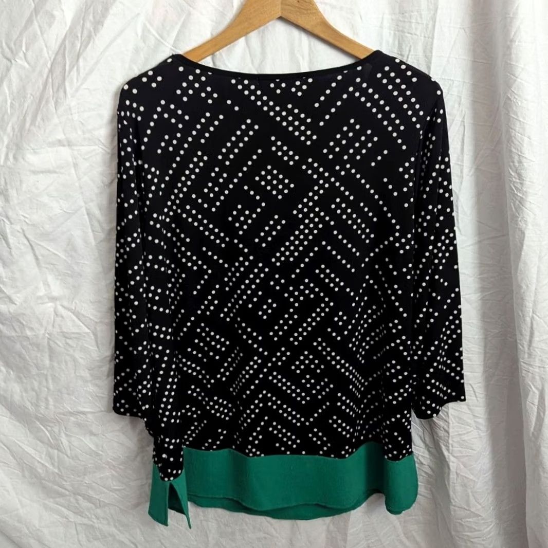 Vintage Roz & Ali Womens 1X Black White Green Polka Dot 3/4 Sleeve Top Office Retro Stretch Size XL / US 12-14 / IT 48-50 - 2 Thumbnail
