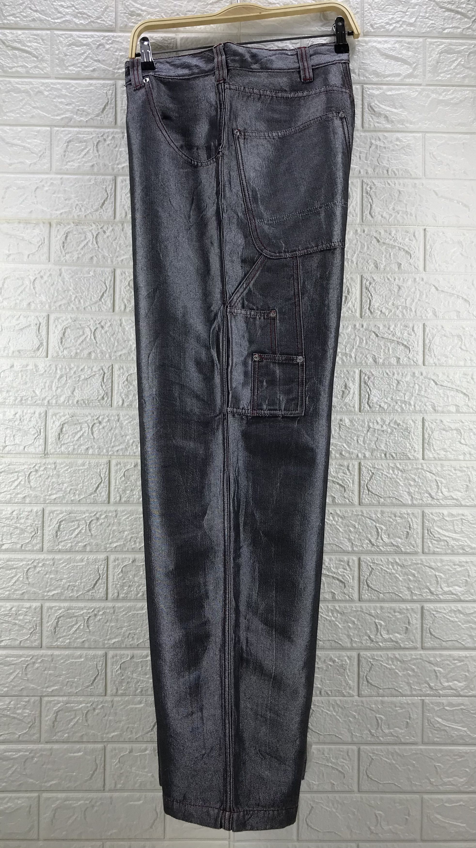 Japanese Brand Baggy Jeans Amore Puro Multi Pocket Glossy Grey Wide Denim Size US 31 - 9 Thumbnail