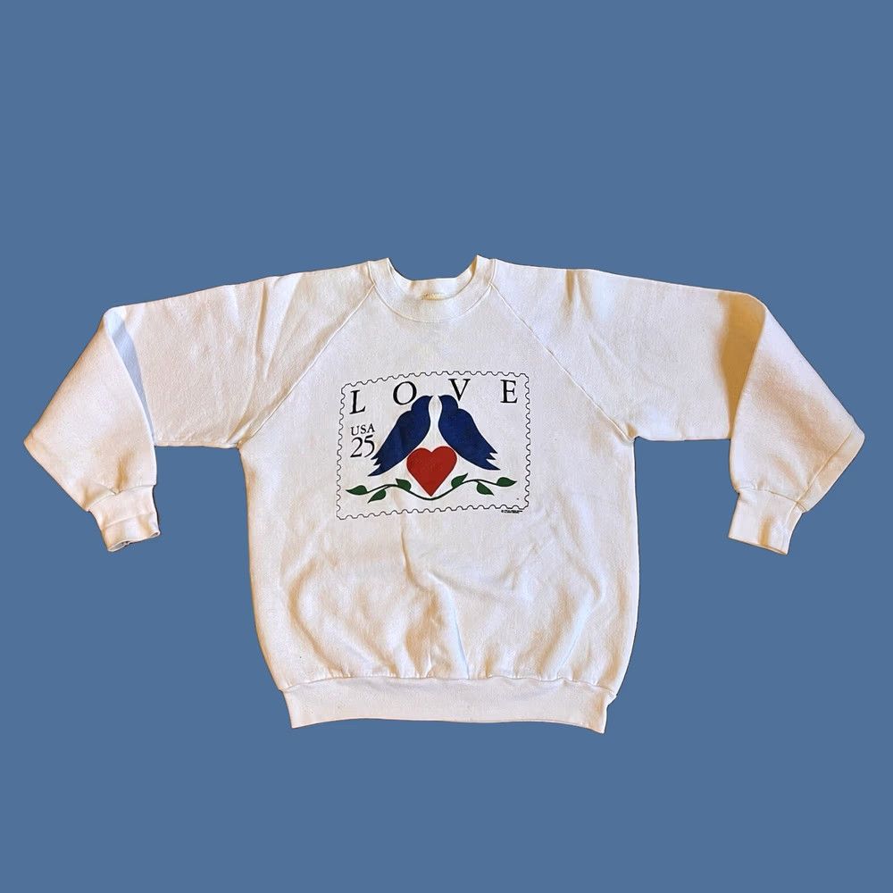 Fruit Of The Loom VINTAGE Love Bird 25 Cent Postage Stamp Sweatshirt Women’s Large White 1988 80s Size L / US 10 / IT 46 - 1 Thumbnail