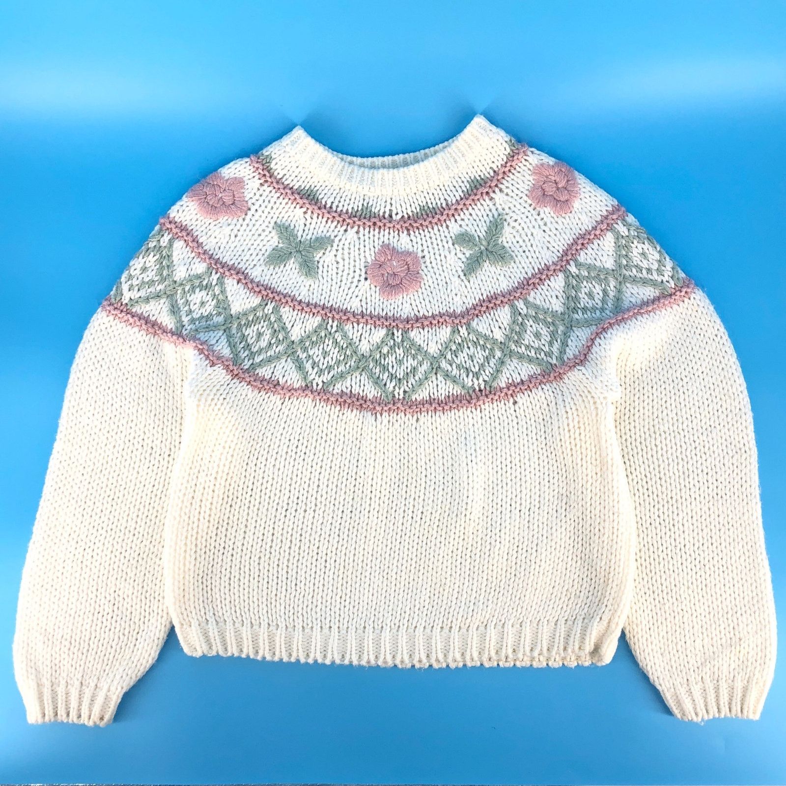 Vintage 90s chunky knit sweater pastel floral design 1990s vintage Size M / US 6-8 / IT 42-44 - 1 Thumbnail