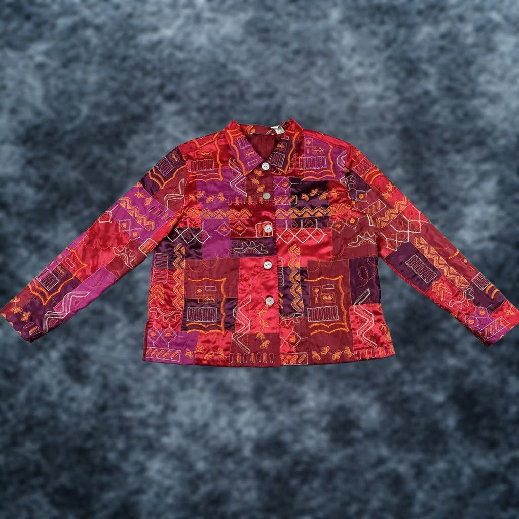Vintage French Laundry Jacket Womens Large Red Quilted Embroidered Short Sleeve Long Sleeve Buttoned Fall Spring Winter Casual Travel Art Womens Size L Size L / US 10 / IT 46 - 1 Thumbnail