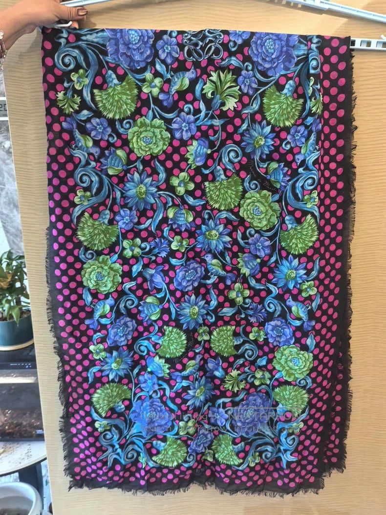 Loewe Black base blue-green floral pattern scarf with pink