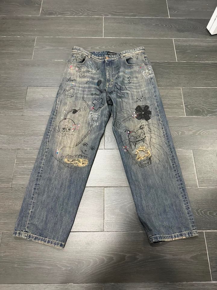 image of Balenciaga Ss23 Dark Distressed Rhinestone Denim in Blue, Men's (Size 34)