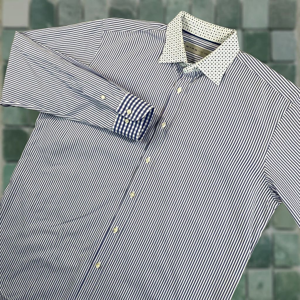 Etro ETRO Dress Shirt Men 43 Blue Striped Contrast Collar & Cuffs Long Sleeve Shirt Size 46R - 1 Thumbnail