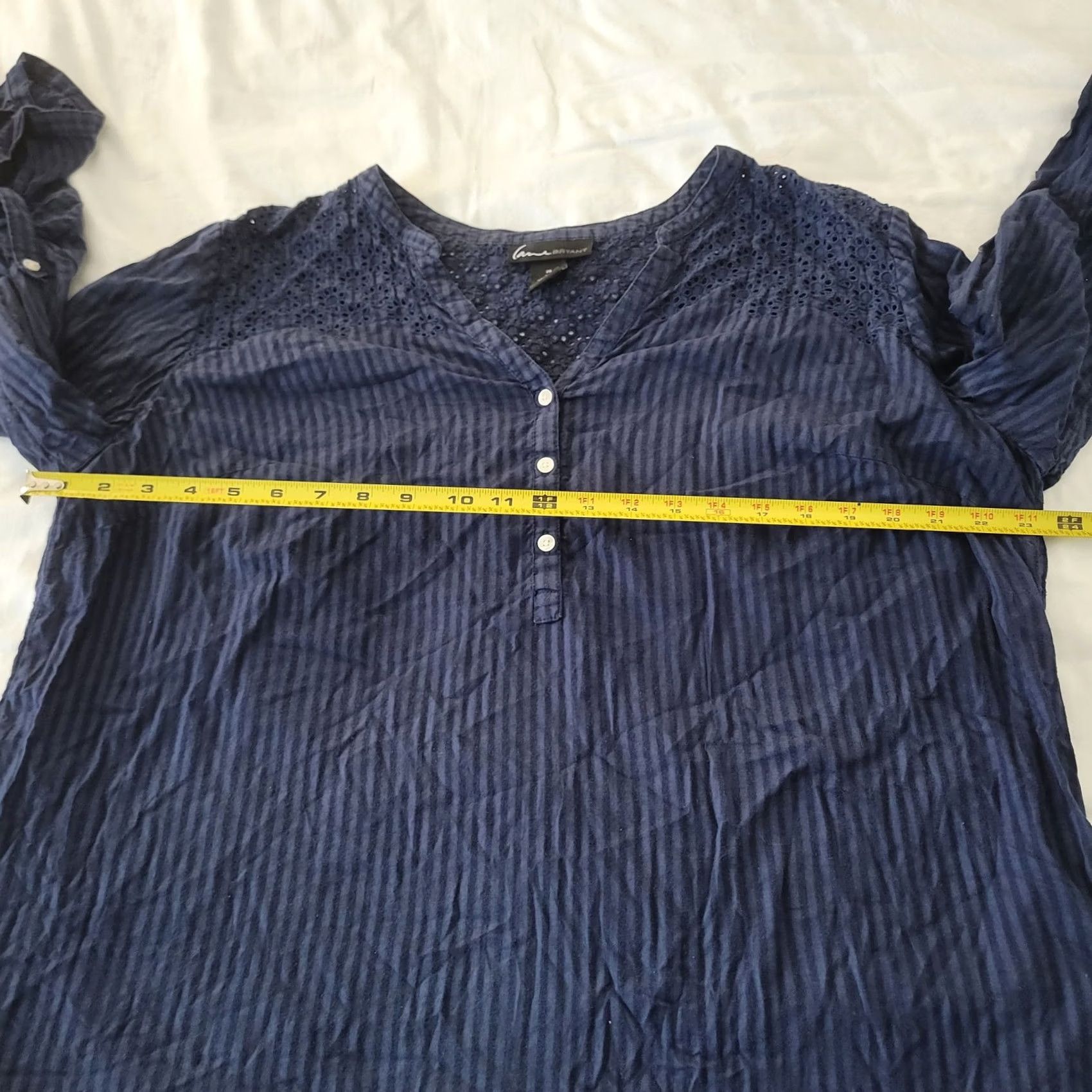 Vintage Lane Bryant Blouse Womens 20 Blue Striped Lace Yoke Long Sleeve Boho Top Cotton Size 3XL / US 20-22 - 6 Thumbnail