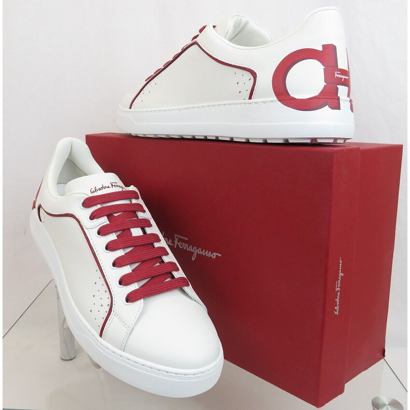 MANHATTAN WHITE LEATHER RED GANCINI LOGO SNEAKERS 11 M ITALY