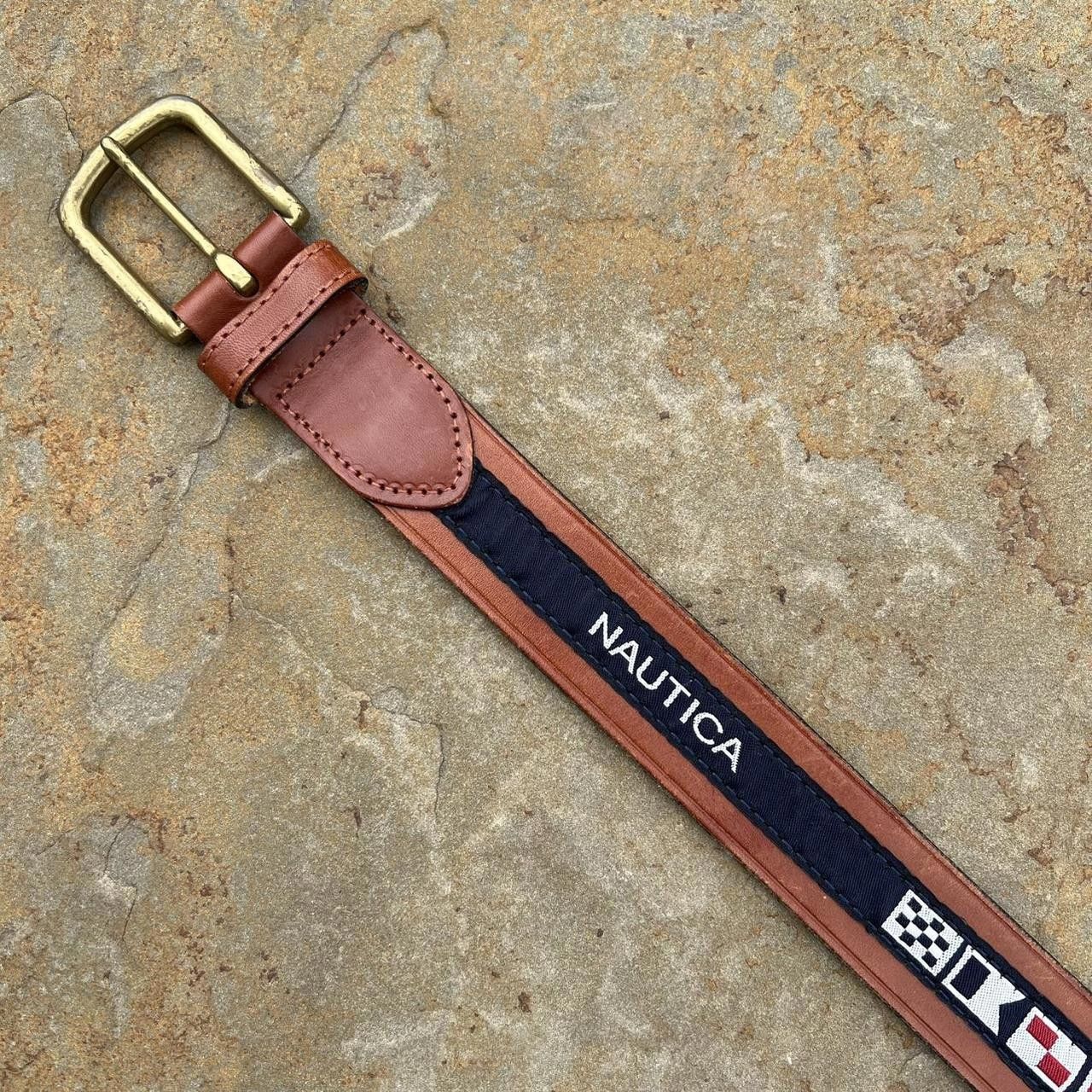 Nautica Y2K Nautica Brown Leather Flag Taping Belt Size ONE SIZE - 3 Thumbnail