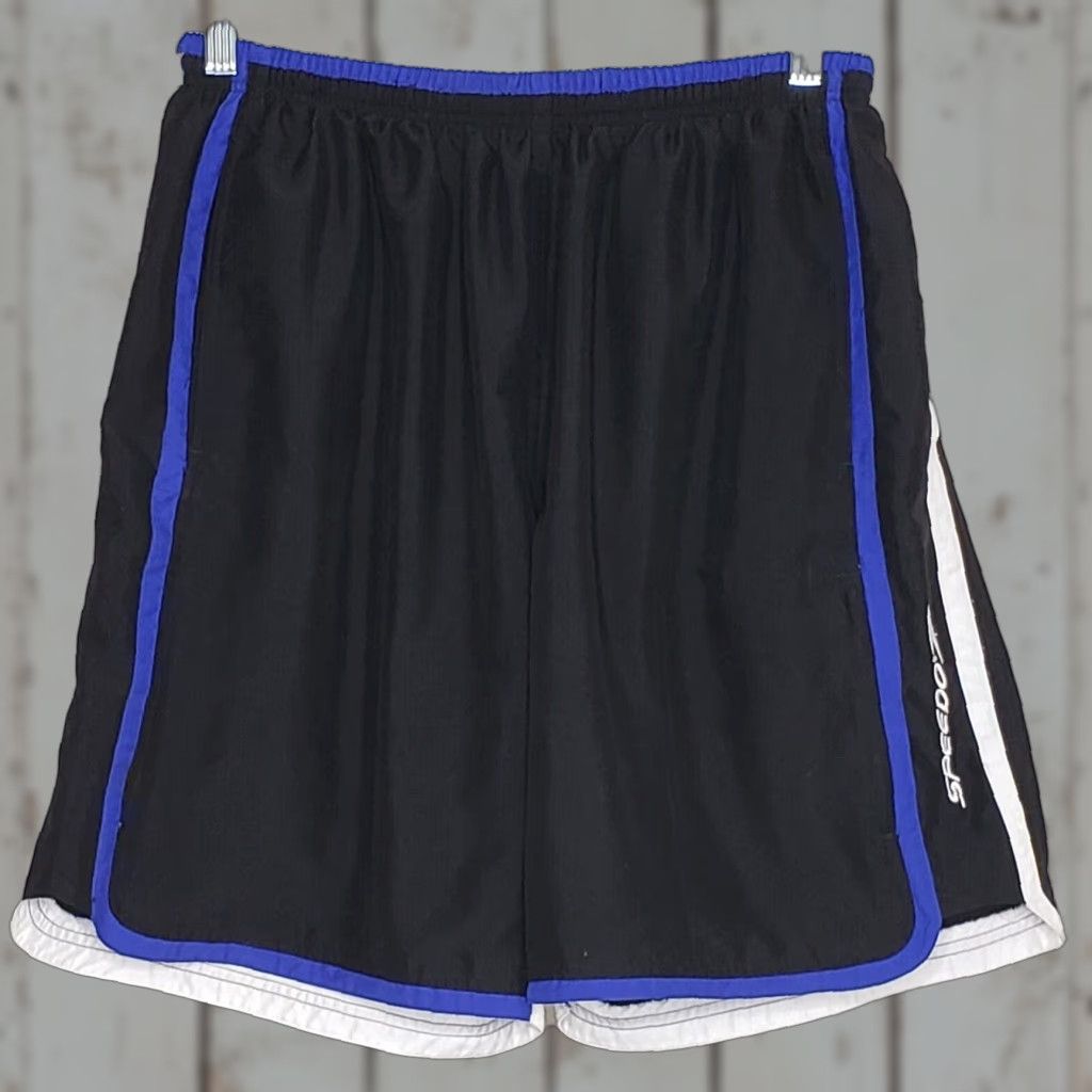 Speedo Speedo Mens Swim Trunks L Black White Blue Built In Brief Pockets 9” Inseam Size US 33 - 1 Thumbnail