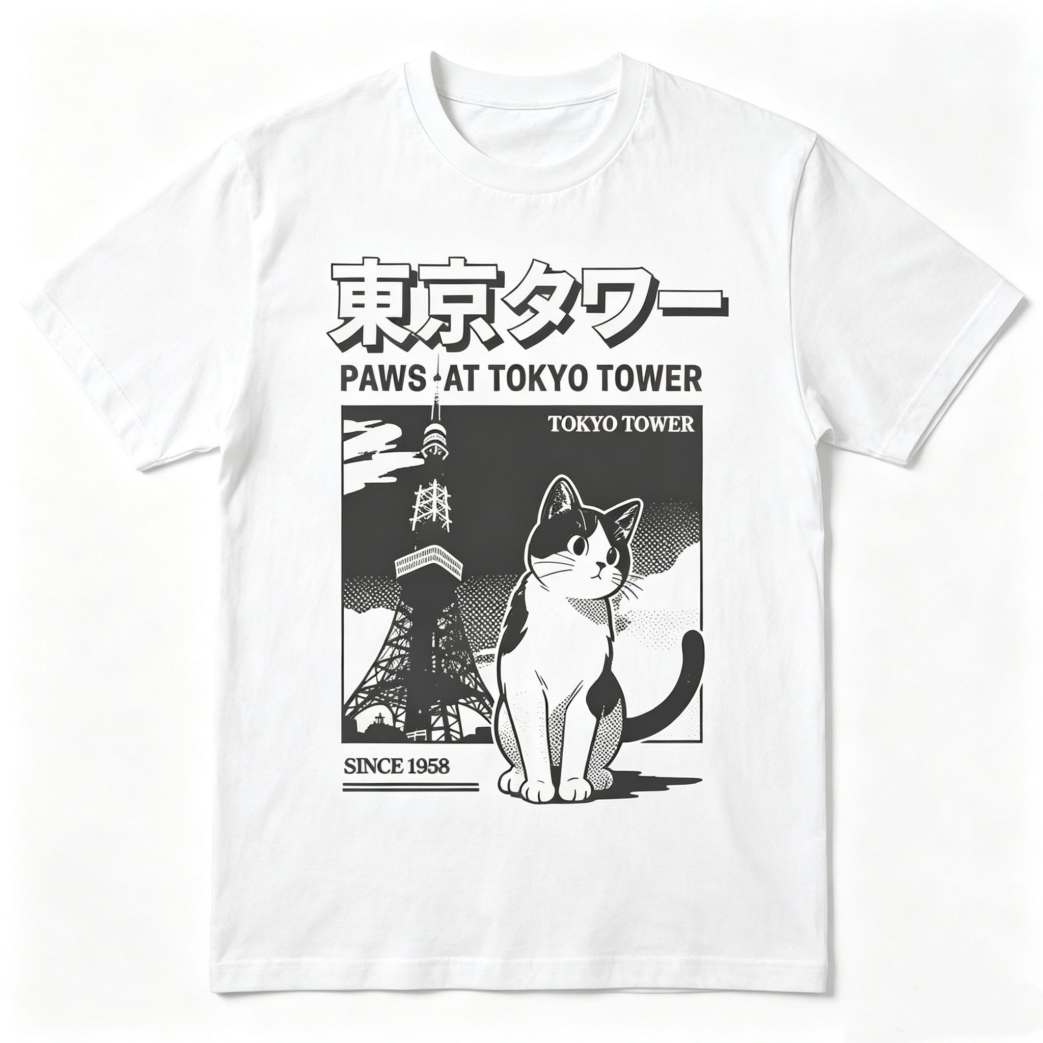 Japanese Brand Retro Vintage Anime Japanese Tokyo Tower Cat Graphic TShirt Size US M / EU 48-50 / 2 - 1 Thumbnail