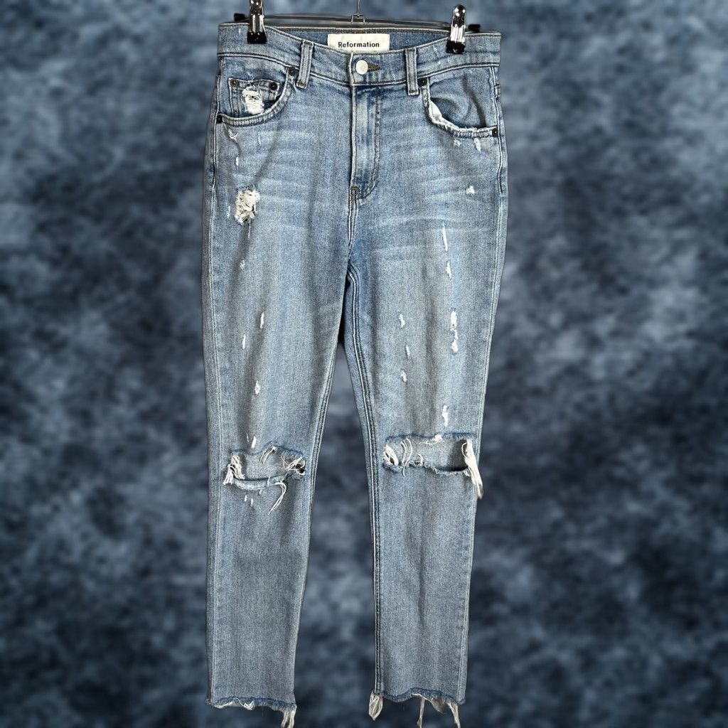 Reformation VINTAGE Reformation Jeans Womens Size 25 Blue Distressed Raw Hem Denim Tapered Leg Jeans Womens 25 Blue Distressed Denim Size 42" / US 20 - 1 Thumbnail