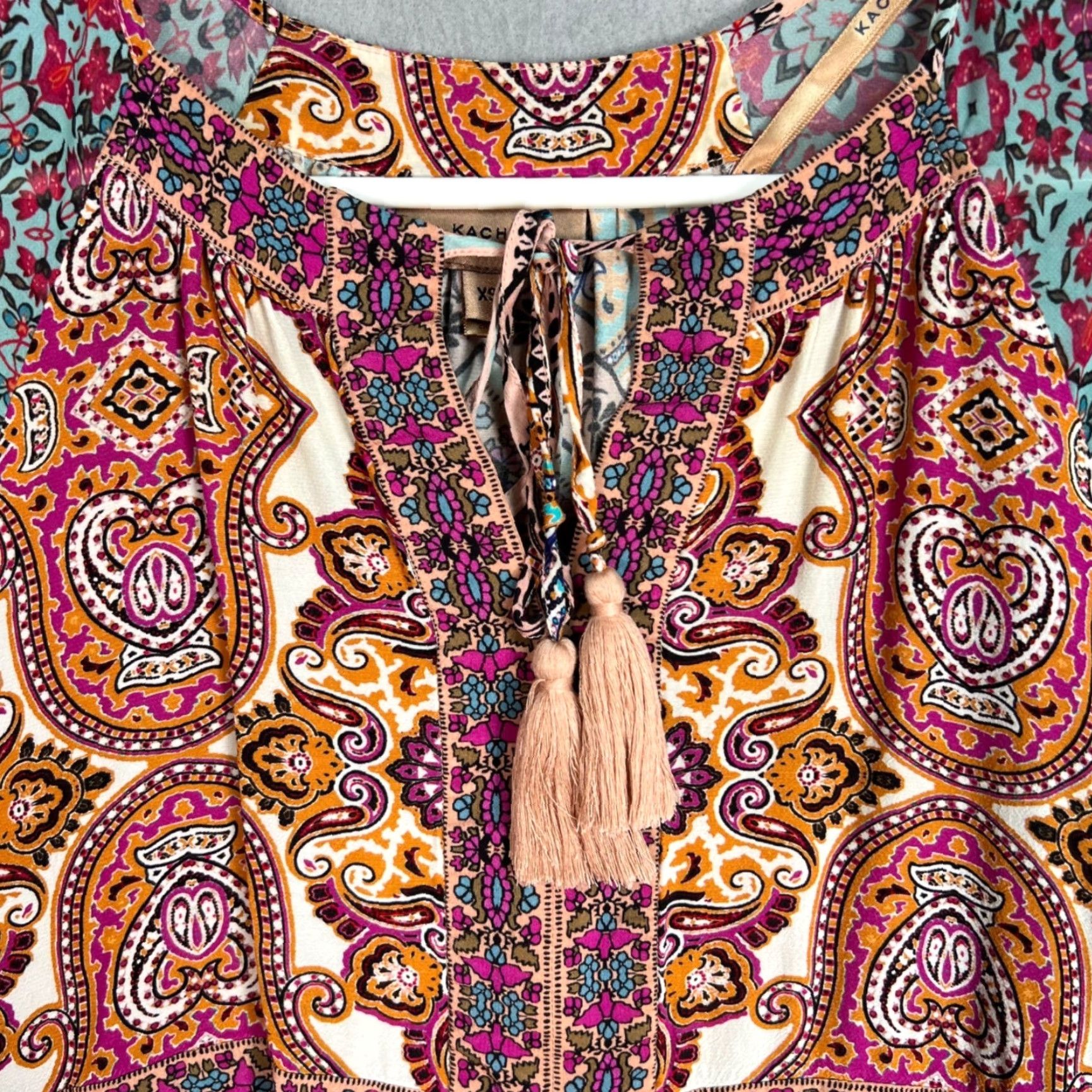 Vintage Kachel Womens XS Boho Patterned Maxi Dress with Tassels & Flowy Fit - Floral V-Neck Long Summer Casual Size XS / US 0-2 / IT 36-38 - 5 Thumbnail