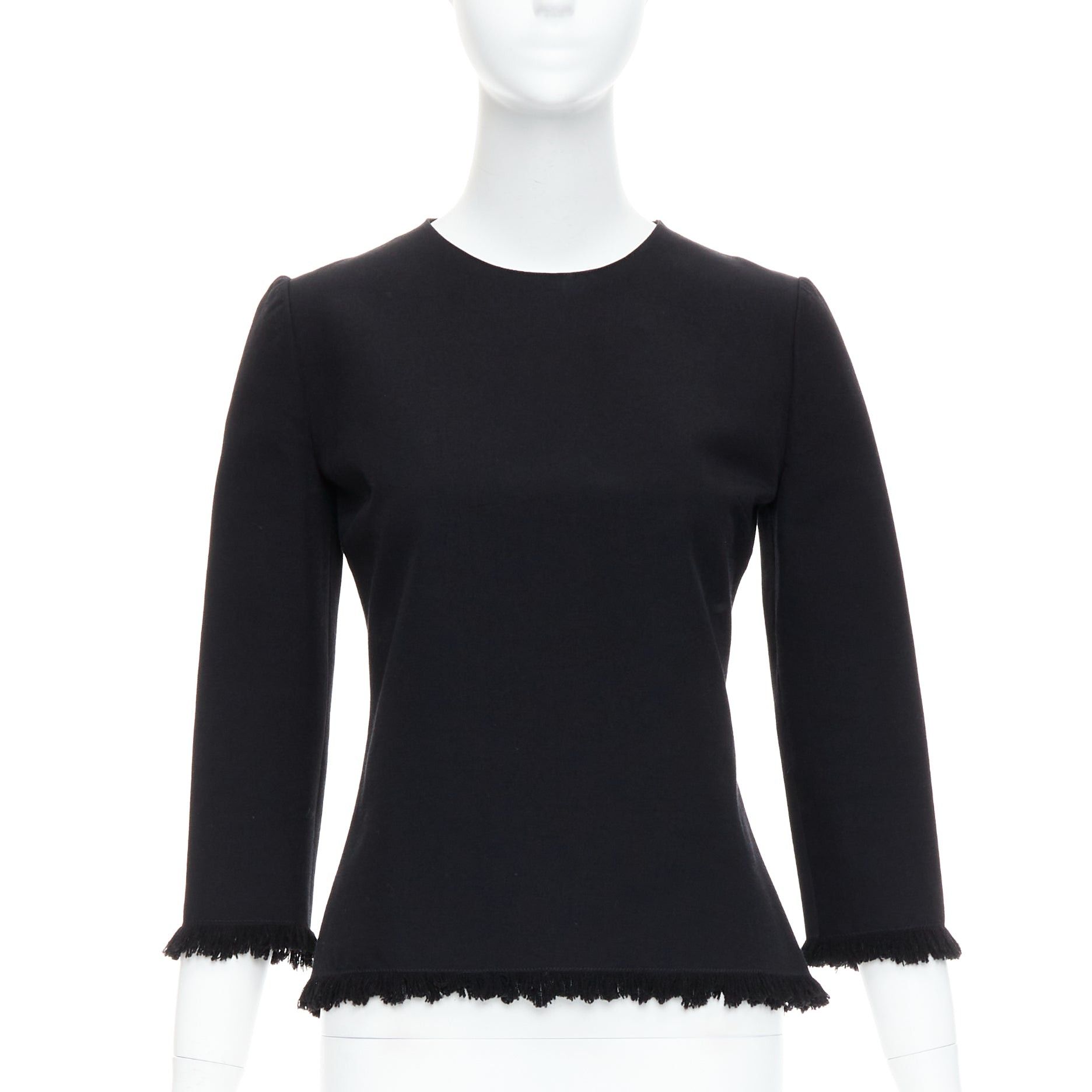 Tom Ford TOM FORD black virgin wool cotton fringe trim crop sleeved fitted top IT36 XXS Size XS / US 0-2 / IT 36-38 - 1 Thumbnail