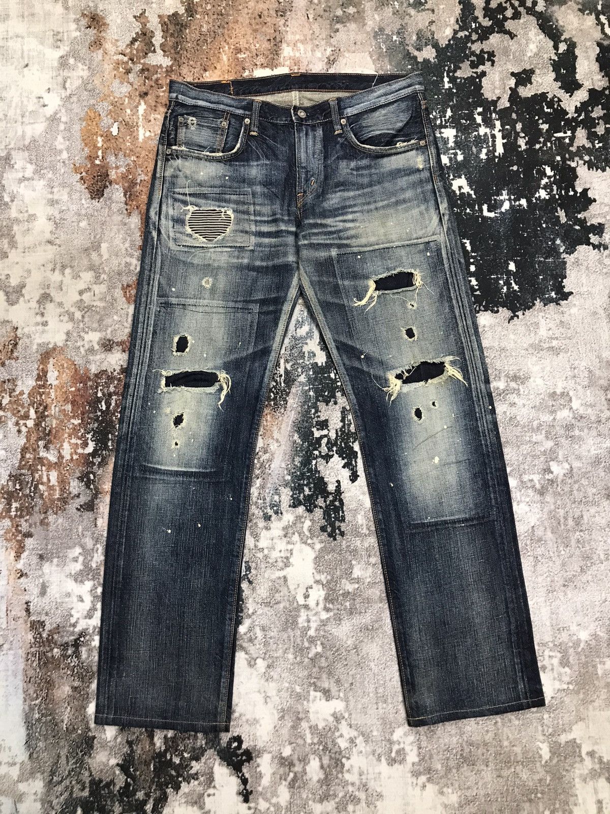 Image of Distressed Denim x Edwin Vintage Edwin 503 Rebel Vintage Patchwork Design Denim Jeans in Blue (Size