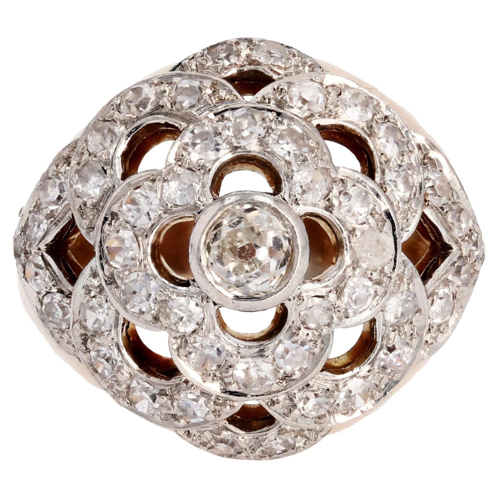 image of Vintage French 1950S Diamonds 18 Karat Yellow Gold Platinum Openwork Flower Pattern Ring, Women's