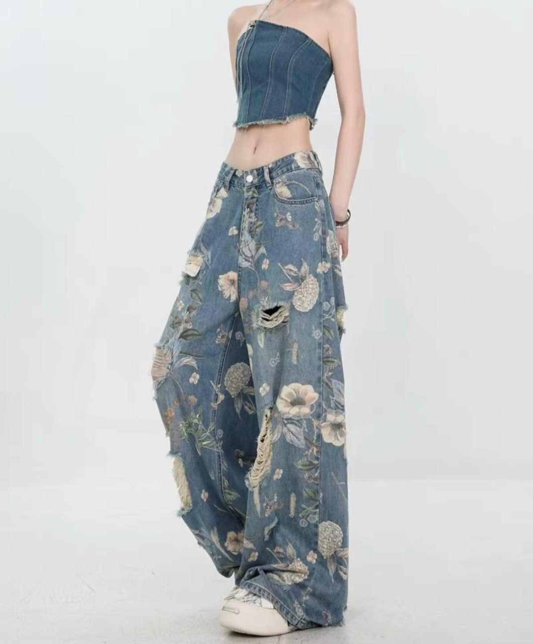 Japanese Brand × Vintage ripped wide leg pants with a design Size 26" / US 2 / IT 38 - 7 Thumbnail