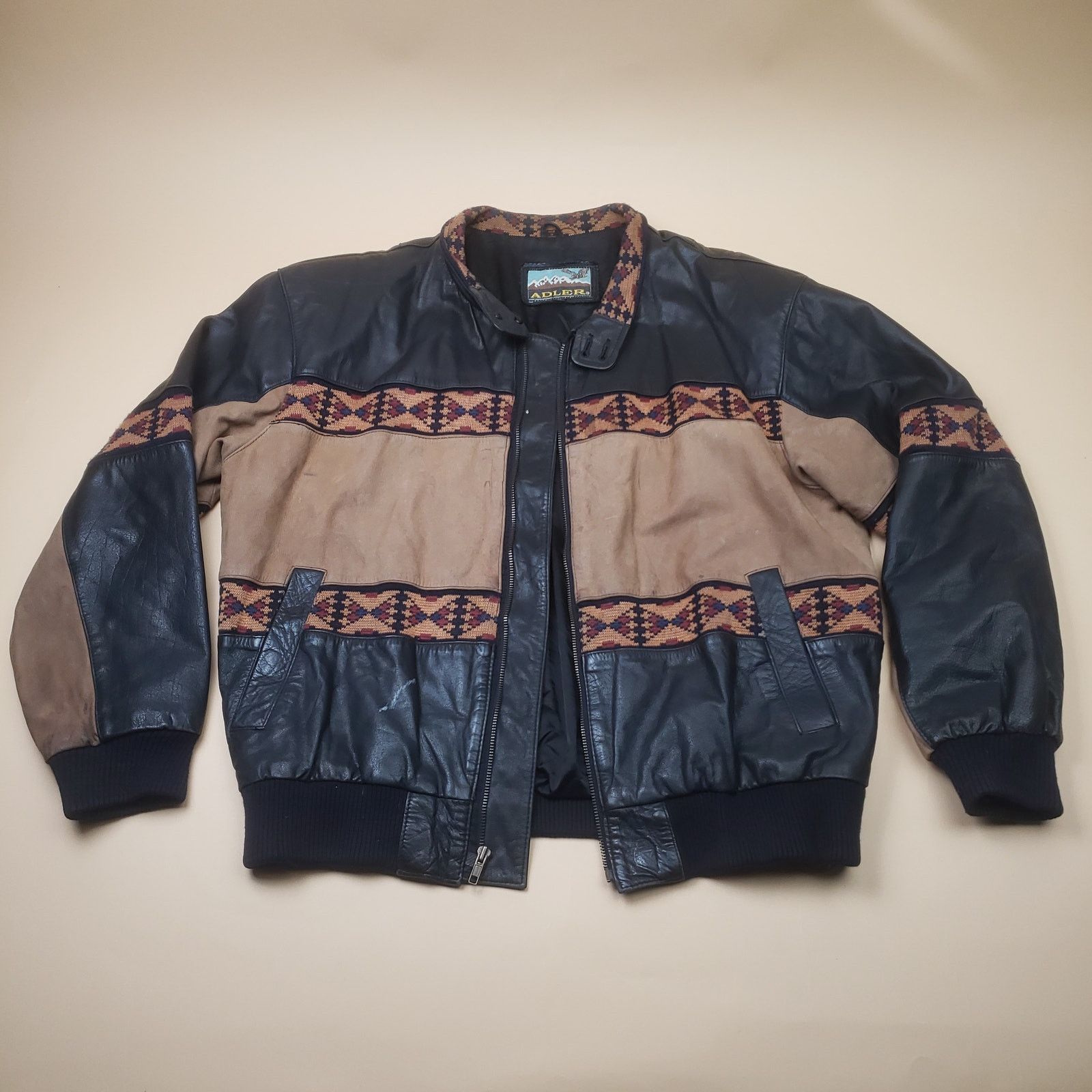 Vintage Adler Leather Western Jacket Aztec Zip Bomber