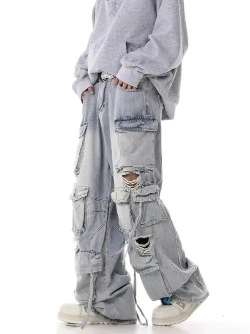 Japanese Brand Retro heavy industry beggar ripped workwear wide leg jeans Size US 32 / EU 48 - 2 Thumbnail