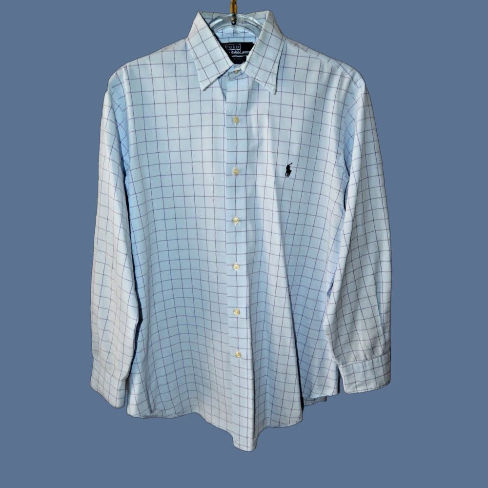Polo Ralph Lauren VINTAGE Polo Ralph Lauren Dress Shirt Men's Andrew Blue Plaid 16.5 32/33 Cotton Polo Pony Logo Button Collar Long Sleeve Classic Fit Size 46R - 1 Thumbnail