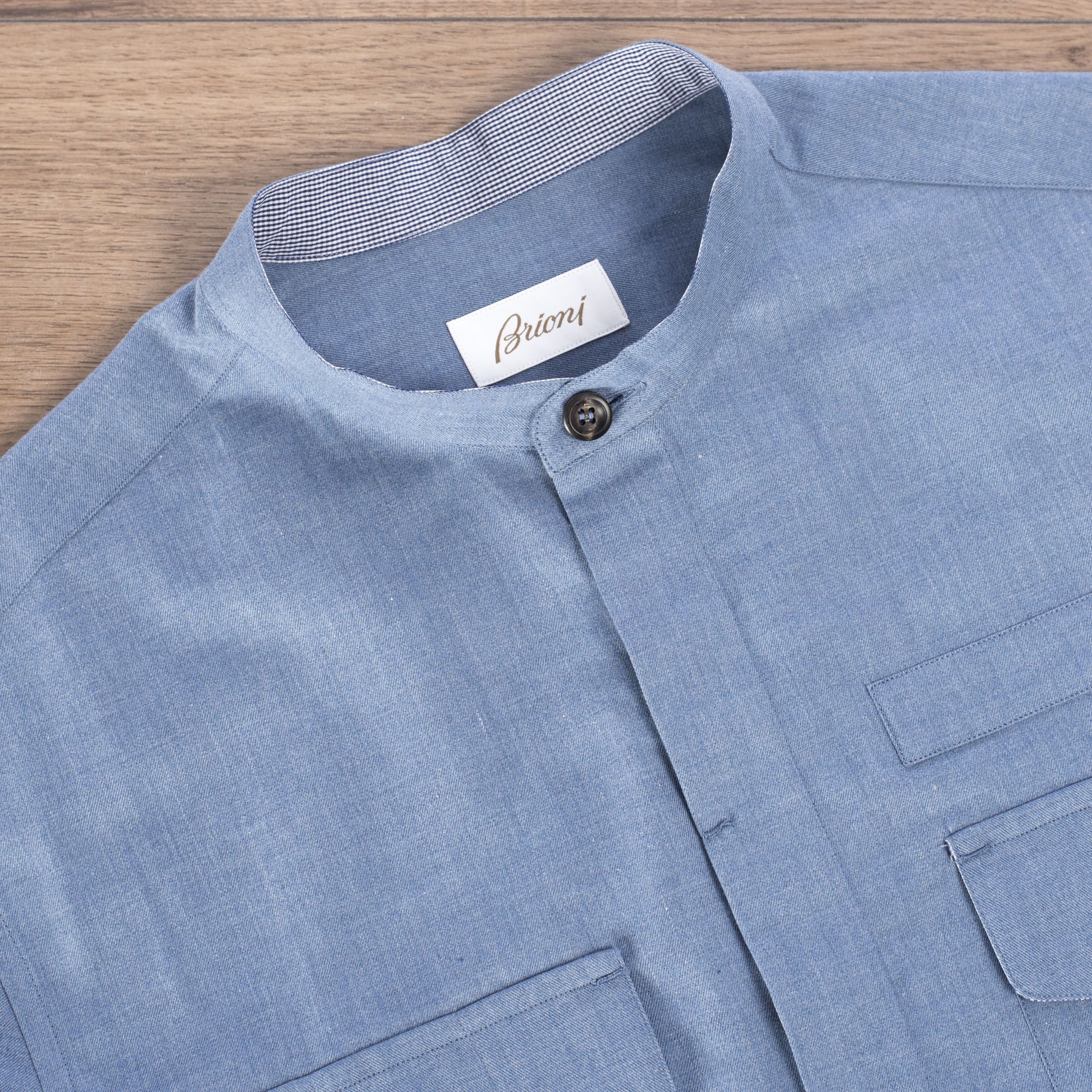 Brioni Mandarin Collar Shirt In Blue Cotton Size US XS / EU 42 / 0 - 9 Thumbnail