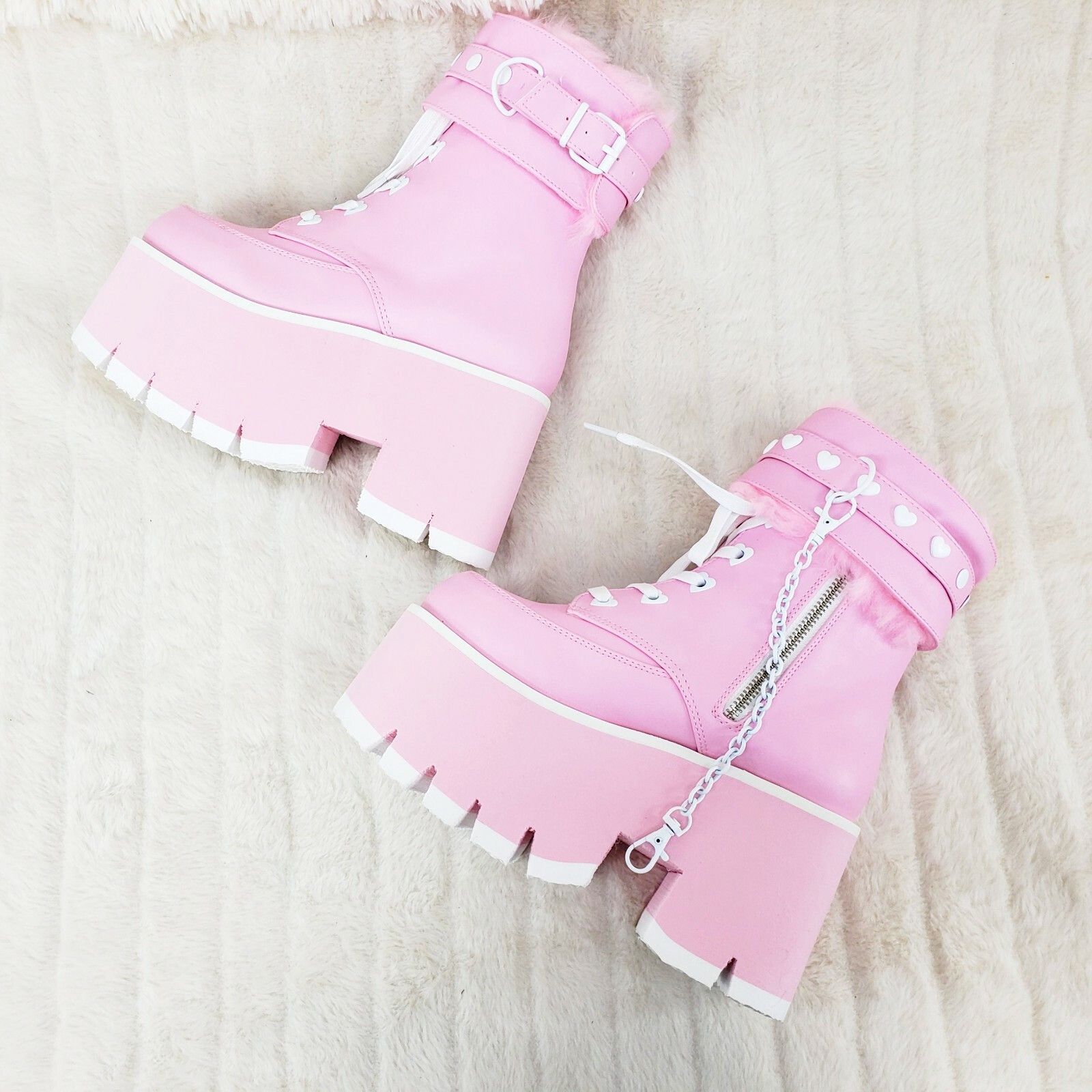 Other Ashes 57 Pink Heart Studs 3.5" Platform Goth Boots Fur Lined Size US 7 / IT 37 - 9 Thumbnail