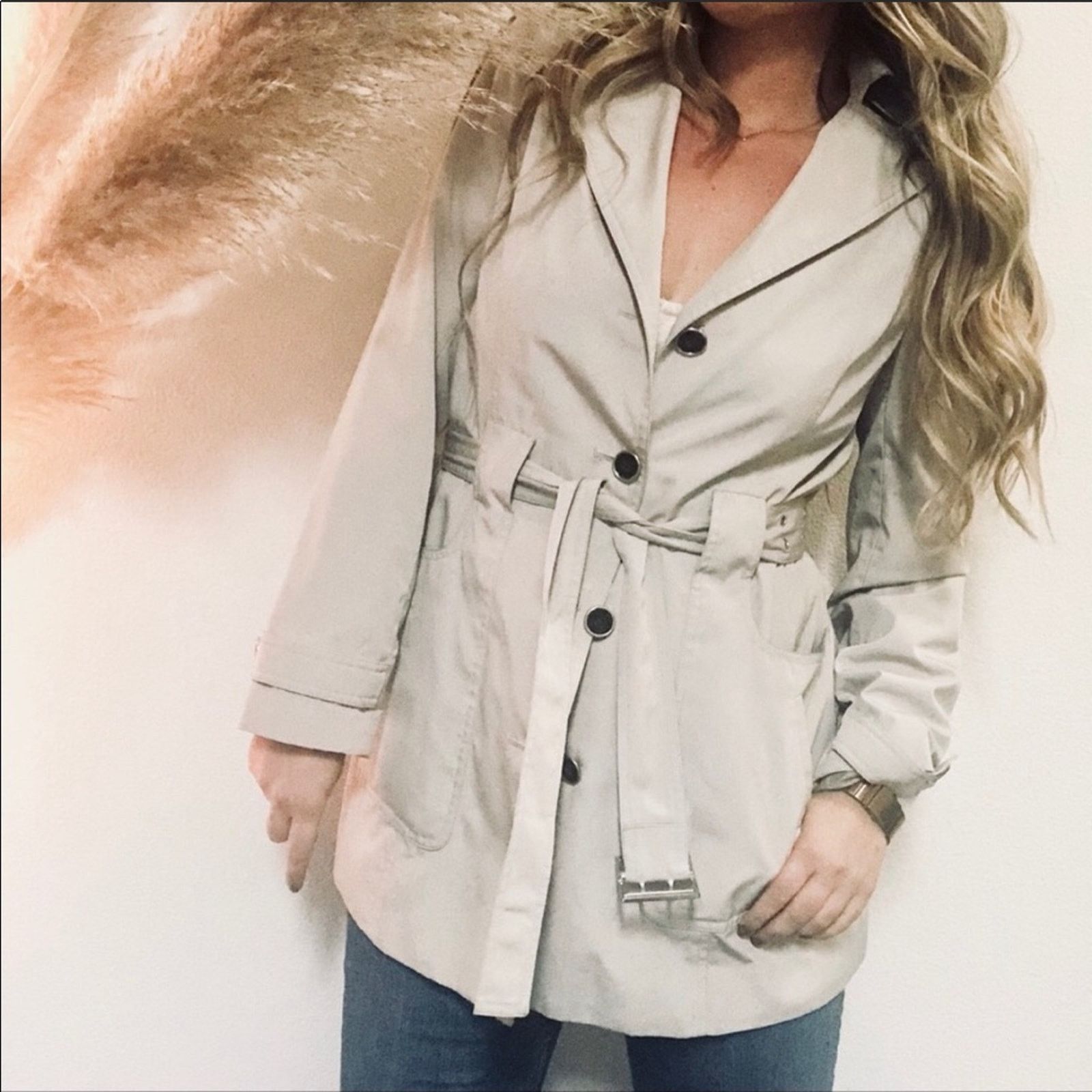 CALVIN KLEIN Khaki Tan Cream Lined Tie Trench Coat Jacket