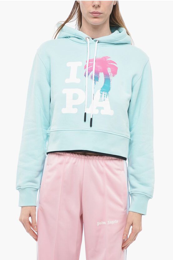 image of Palm Angels Brushed Cotton Printed I Love Pa Hoodie in Light Blue, Women's (Size Small)