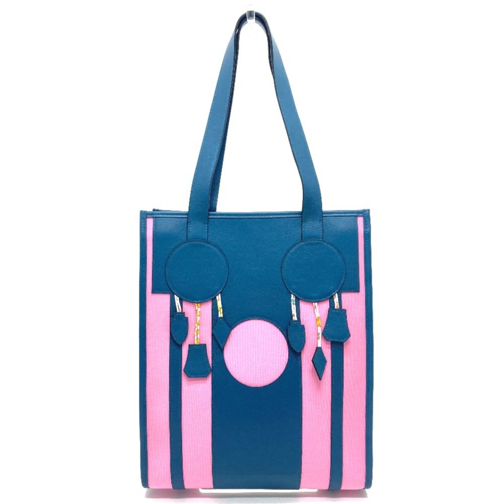 HERMES Petit H Dreamcatcher Shoulder Tote Bag in Leather/Canvas Navy and Pink