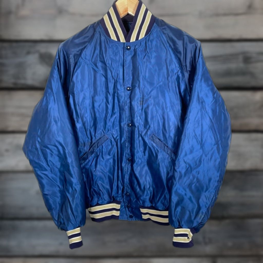 Vintage Vintage 80s Satin Bomber Jacket Adult Medium Blue Beige Trim USA Made Johnny Mac's Size US M / EU 48-50 / 2 - 1 Thumbnail