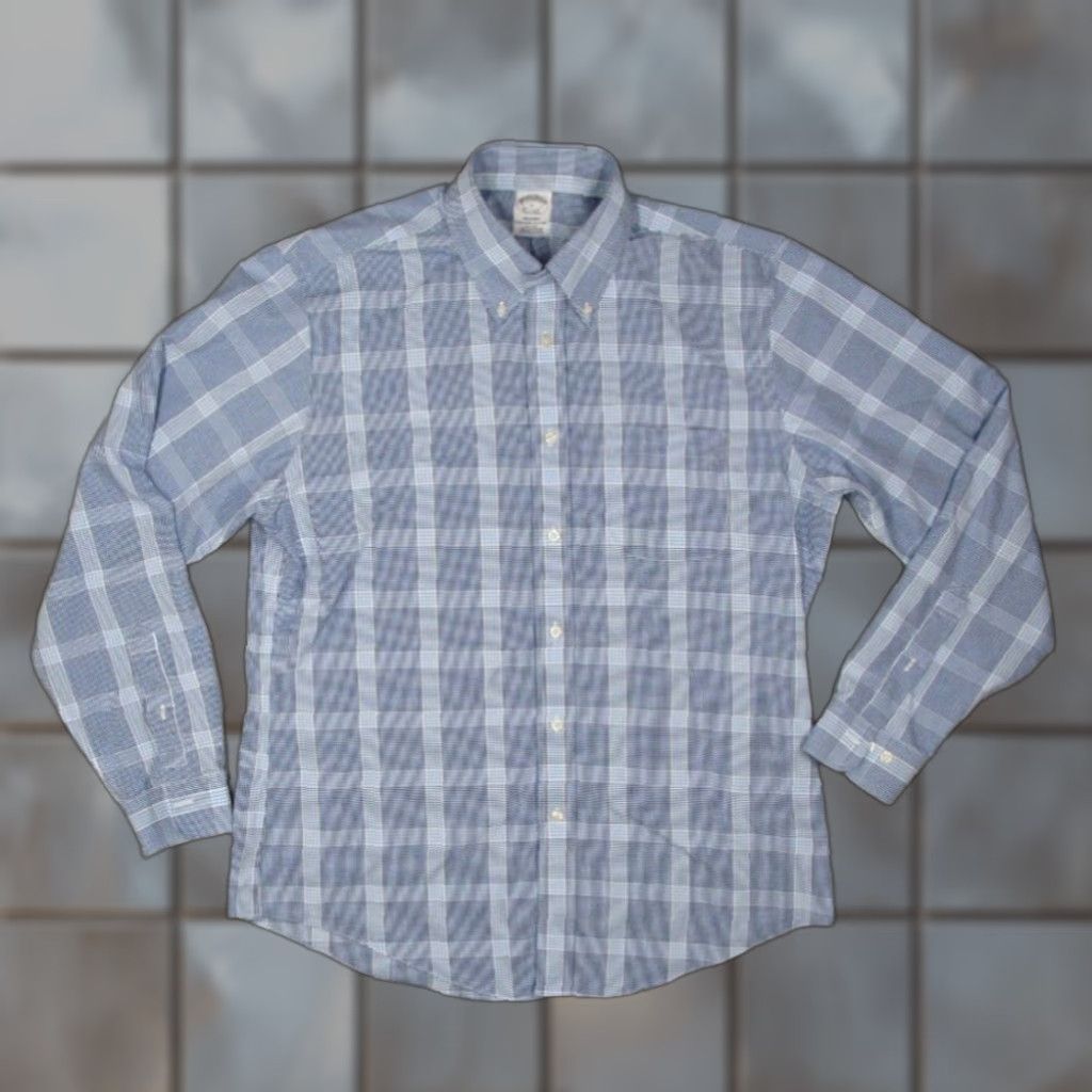 Brooks Brothers Brooks Brothers Regent Dress Shirt Mens Large Blue Check Non-Iron Cotton Classic Button Down Size 42R - 1 Thumbnail