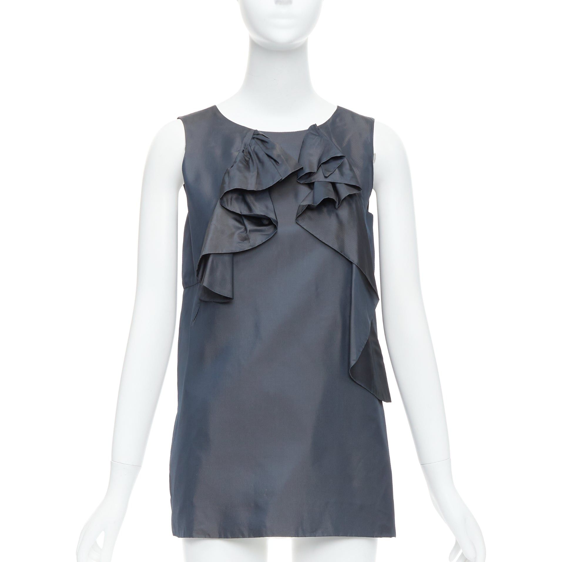 Marni MARNI grey cupro twill ruffle crew neck tunic mini dress IT40 S Size S / US 4 / IT 40 - 1 Thumbnail
